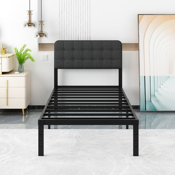 Maenizi Twin XL Bed Frame with Upholstered Headboard, 18 inch Tall Twin XL Bed Frames, Steel Slat Support, Noise Free, No Box Spring Needed, Easy Assembly, Black