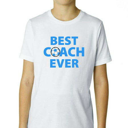 Best Coach Ever - Cool Blue Lettering with Soccer Ball Boy's Cotton Youth