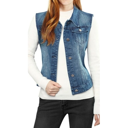 - Women Buttoned Washed w Flap Pockets Denim Vest Coat Dark Blue L (US 14)