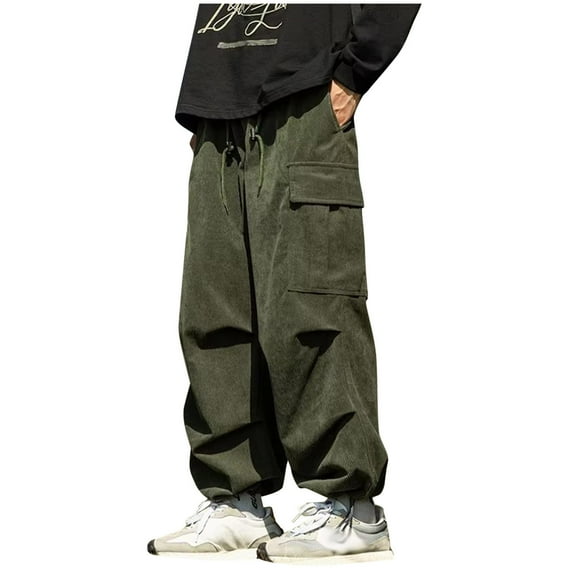 Mans Winter Pants Cargo Velvet Pockets Elastic Waist High Waist Straight-Leg Workwear Pants A-Olive Green