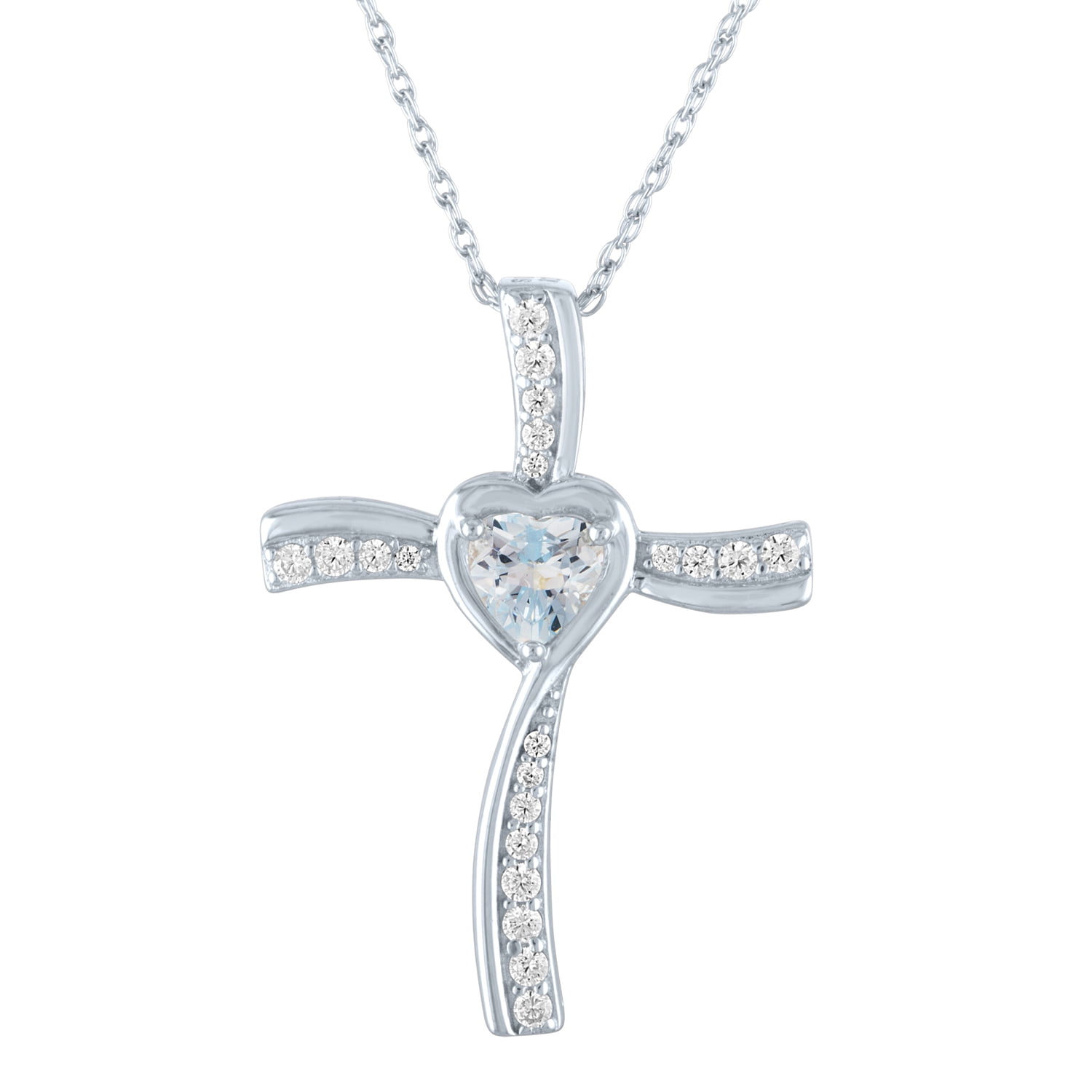 Brilliance Simulated Aquamarine and CZ Sterling Silver Cross Pendant, 18'