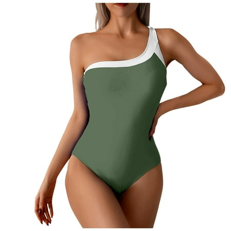 FULORRNIE Sexy One Piece Swimsuit One Shoulder Gathered Backless Bathing Suit  Green  S