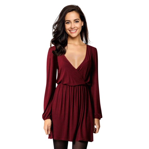 Furvclv Women Long Puff Sleeve Mini Dress Deep V Neck Solid A-Line Party Casual Dress