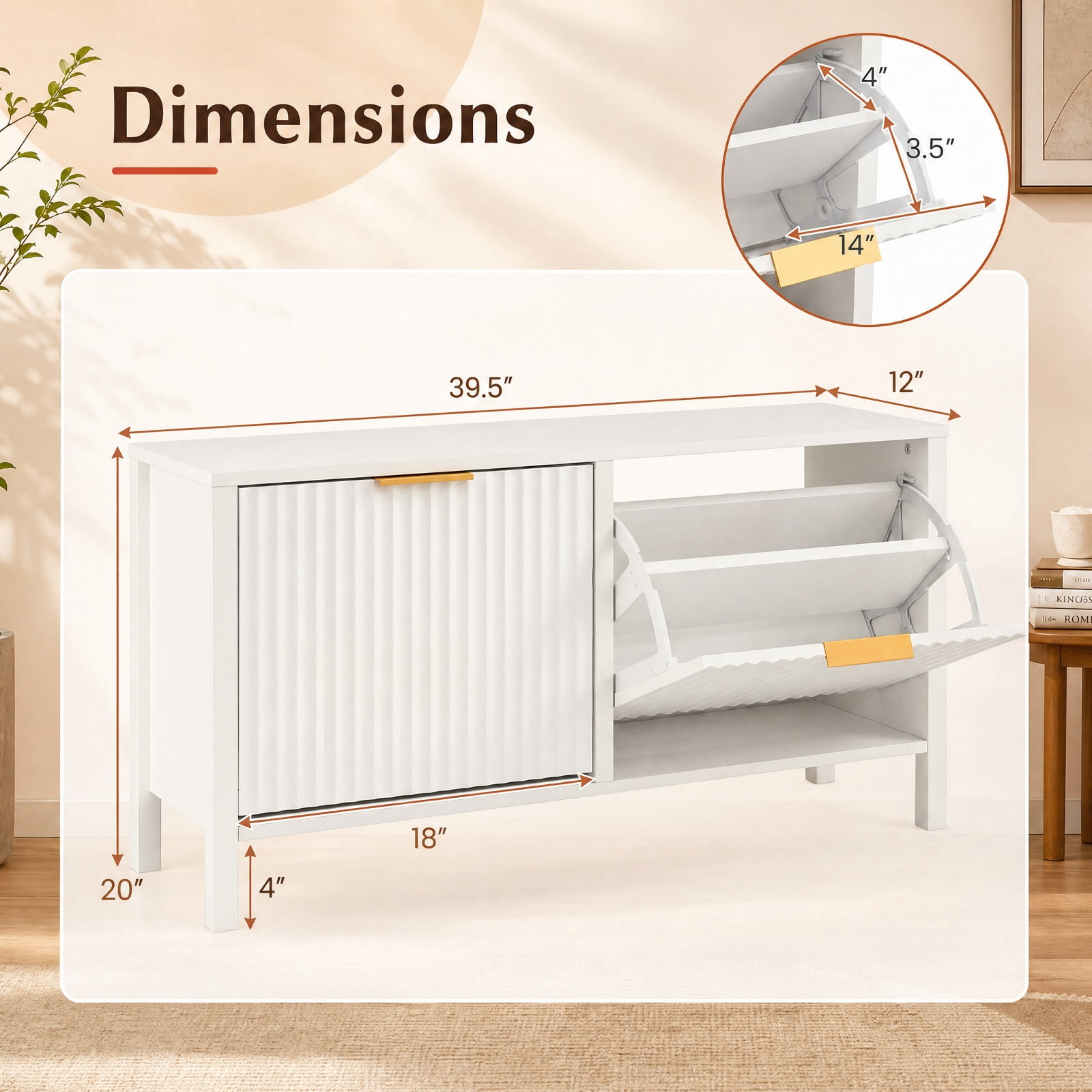 Furnibear Shoe Storage Bench Narrow Wooden Entryway Bench with 2 Flip Drawers and Adjustable Shelves for Hallway Bedroom, White