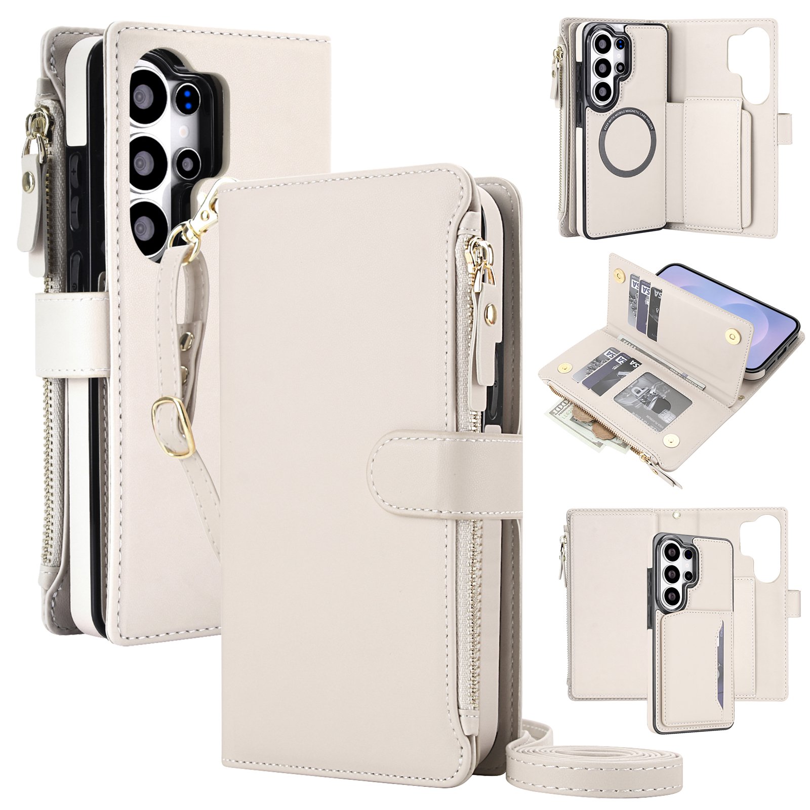 ELEHOLD Magnetic Detachable PU Leather Flip Card Slots Wallet Cell Phone Case With Crossbody Strap for Samsung Galaxy S26 Ultra,Apricot