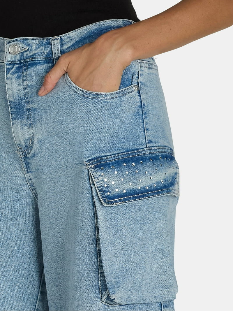 Madden NYC Women's Wide Leg Cargo Jeans with Rhinestone
