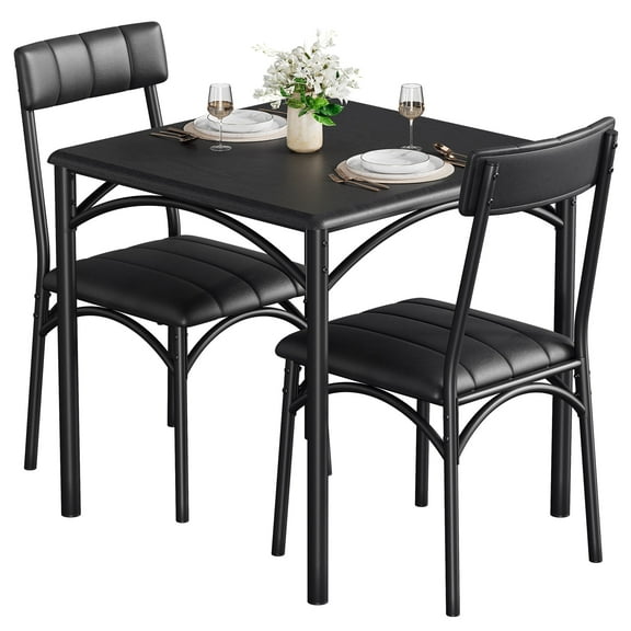 Jojoka 3 Piece Dining Set for 2, Table and 2 Upholstered Chairs, Wood Top Breakfast Dinette for Small Space, Kitchen, Apartment, Dining Room, Rustic Black