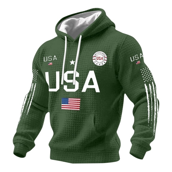 Iaqnaocc Usa Flag Hoodies for Men Waffle Long Sleeve Shirts for Men 250th Anniversary Usa Flag American 1776-2026 4th Of July Pullover Army Green L