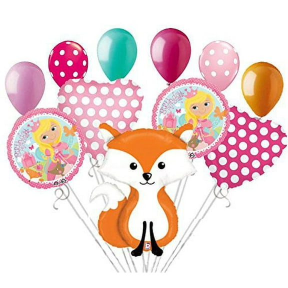 11 pc Woodland Princess & Fox Animal Happy Birthday Balloon Bouquet Decoration