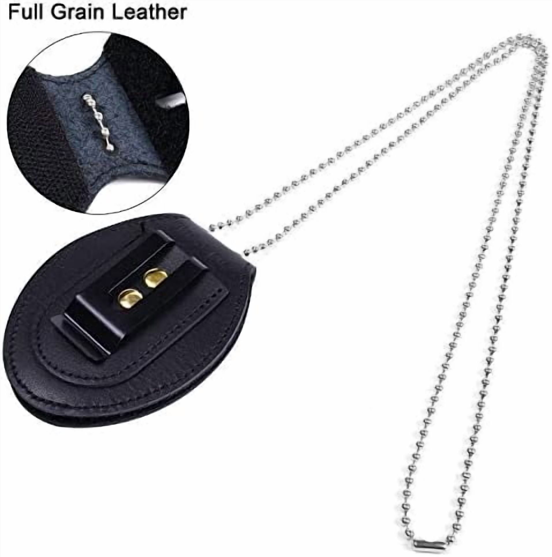Quivanta Police Badge Holder, Cowhide Leather Universal Police Badge Holder Pocket Case with Stationary Mn-Steel Belt Clip, Hook and Loop Closure and Stainless Bead Chain Necklace- Oval Shape