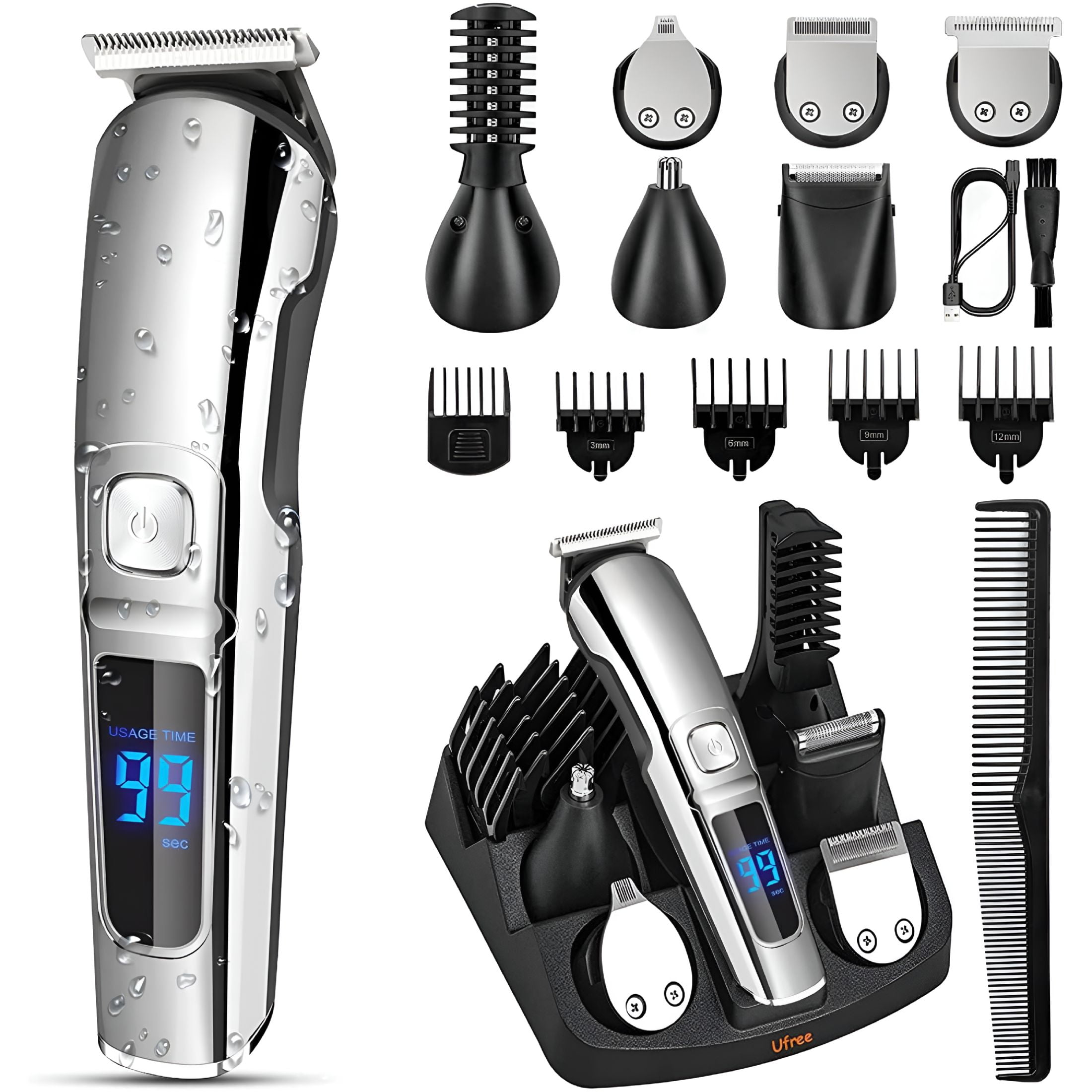 EXLEAF 2026 New Beard Trimmer Kit for Men,15 Pcs All-In-One Mens Grooming Kit,Waterproof Electric Razor for Nose,Body,Face and Mustache,Cordless Electric Razor with Usb Recharge Dock