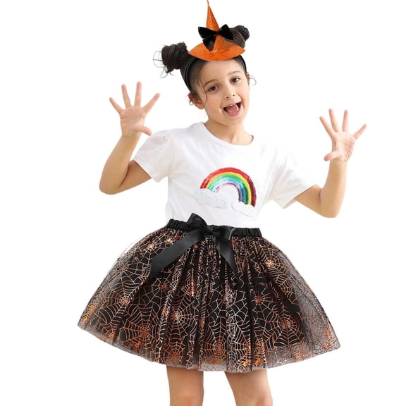 Zylarhe Girls Hallowmas Dance Skirt Hairband Set Ballet Party Performance for Kids Orange 9-11 Years