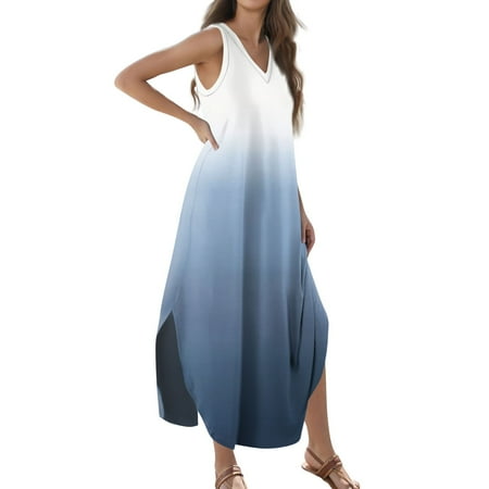

Mohiass Women s Summer Casual Loose Sundress Long Dress Sleeveless V Neck Split Tshirt Maxi Dresses Navy S