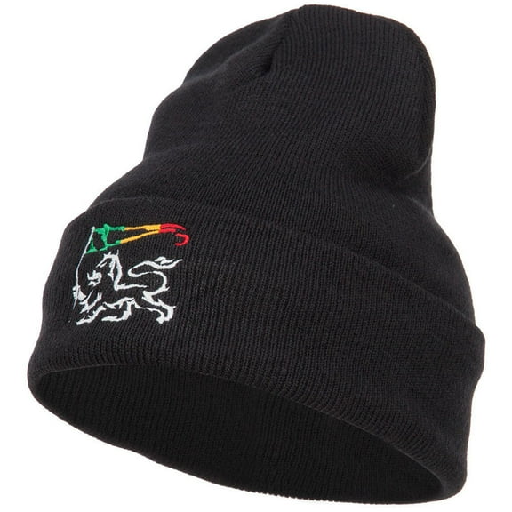 Rasta Lion Flag Embroidered Long Beanie - Black OSFM