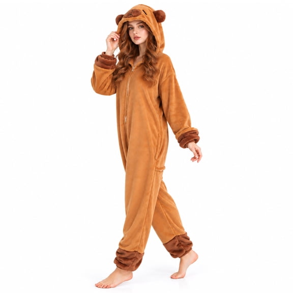 GOBWCOT Bear Onesie Costume Pajamas for Adults, Animal Hooded One‑Piece Jumpsuit Outfit for Halloween Christmas Holiday Cosplay Party Loungewear