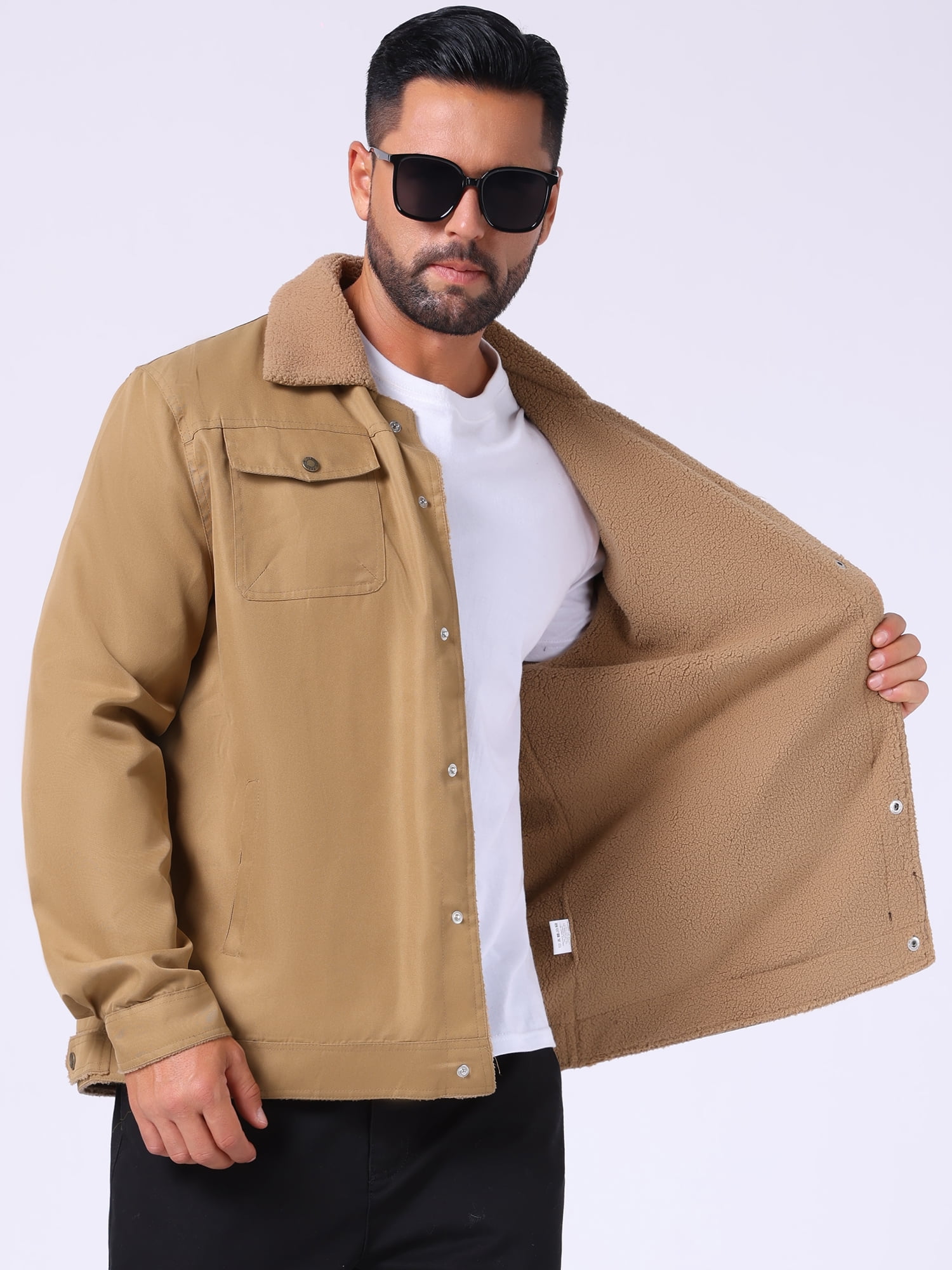 DARING DIVA Collared Button Front Fleece Lining Cargo Trucker Jacket M Dark Khaki