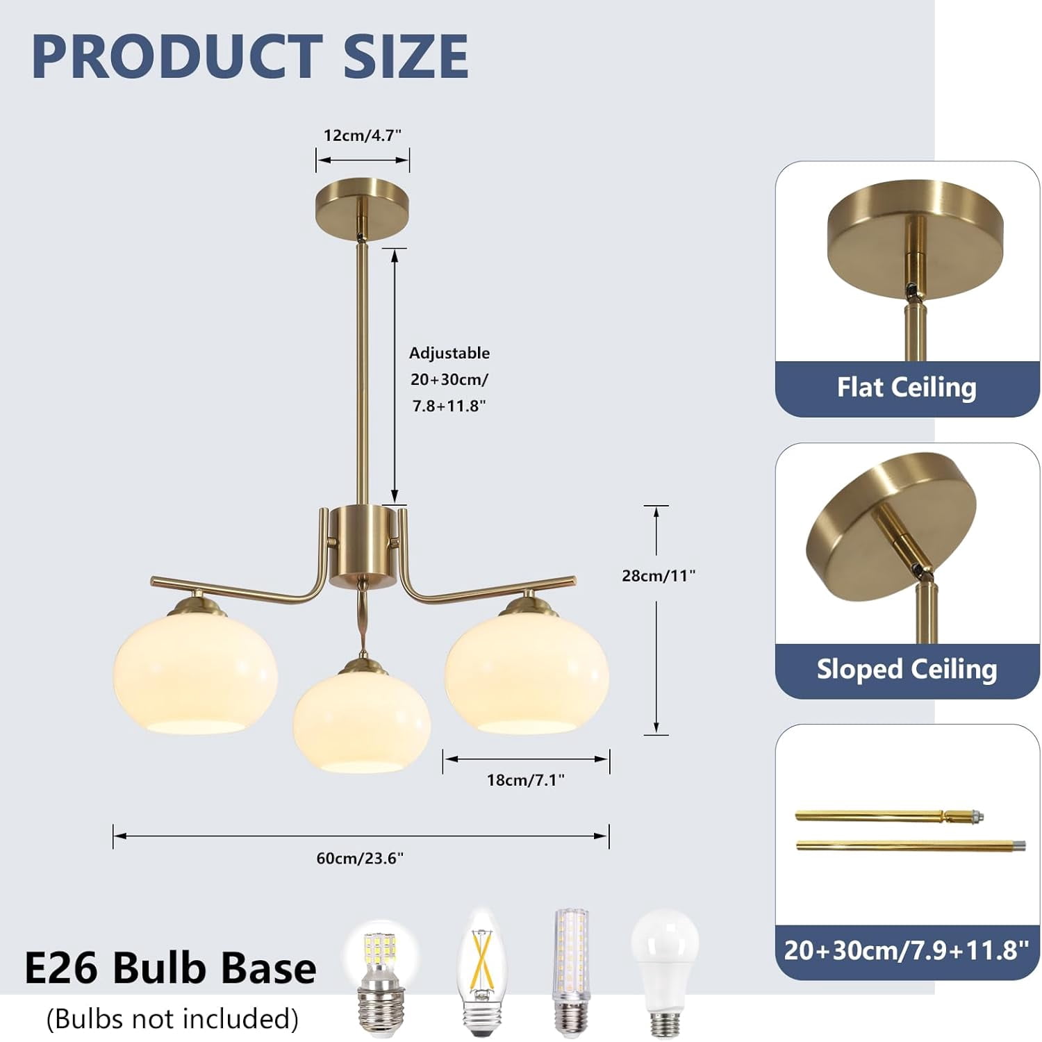 KCO Lighting Mid Century Modern Globe Pendant Light 3-Light Milk Glass Chandelier Gold Sputnik Chandelier Light Fixture Brushed Brass Pendant Lighting for Kitchen Island (3-Light)
