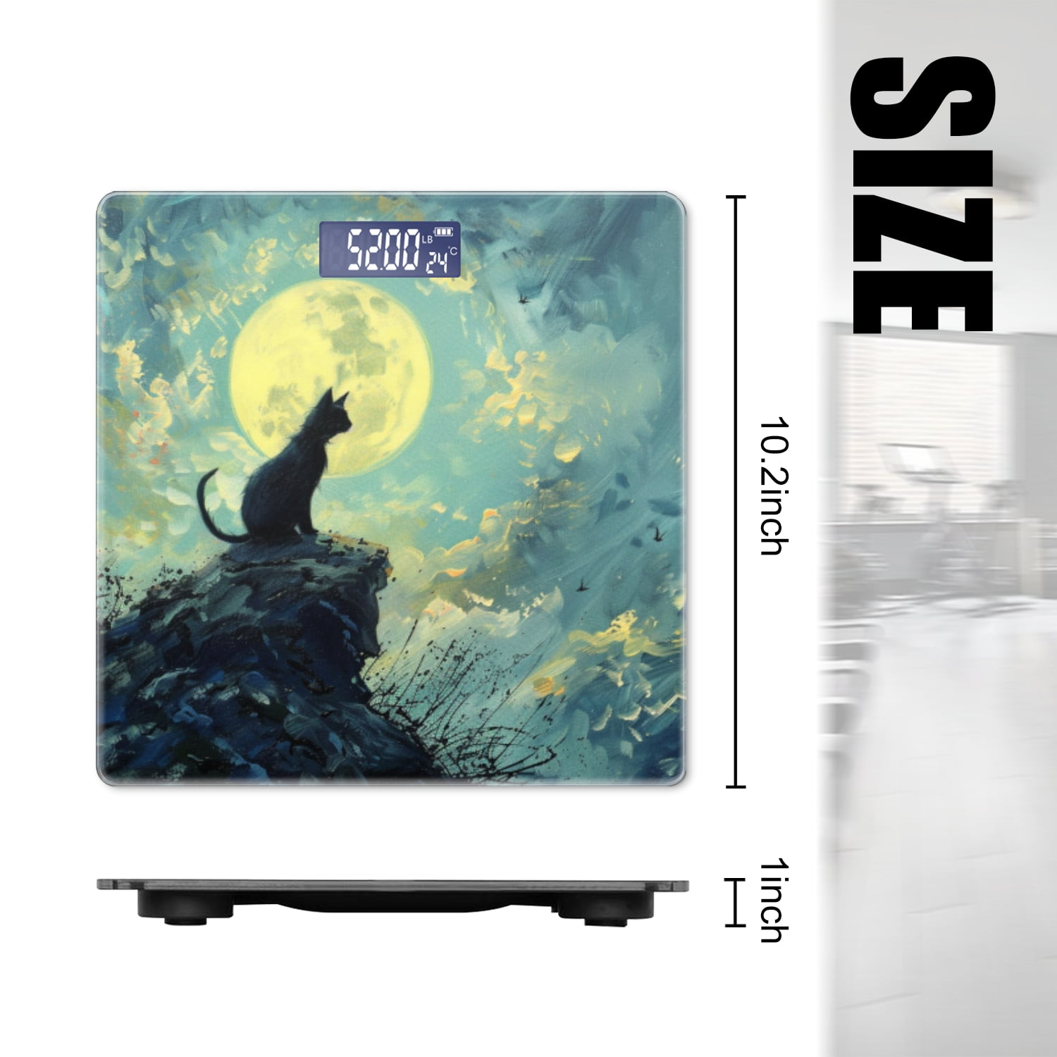 Bathroom Scale, Highly Accurate Digital Body Scale,Precisely Measures Weight up to 400 lbs-Black Cat Sits On The Edge Of Cliff And Gazing At The Full Moon