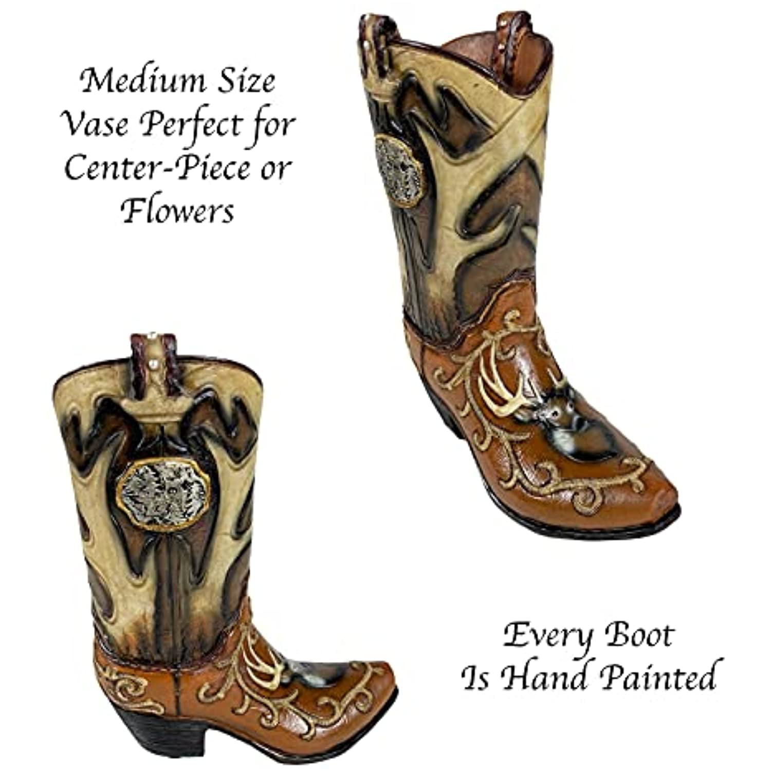 Western Cowboy Boot Flower Vase Rustic Country Utensil Holder Longhorn Cowboy 