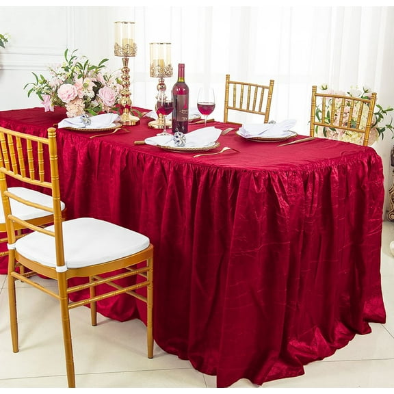 Wedding Linens Inc. 6' ft (30"x72") Rectangular Ruffled Fitted Crushed Crinkle Taffeta Tablecloth With Skirt for Party, wedding, events, décor - Apple Red