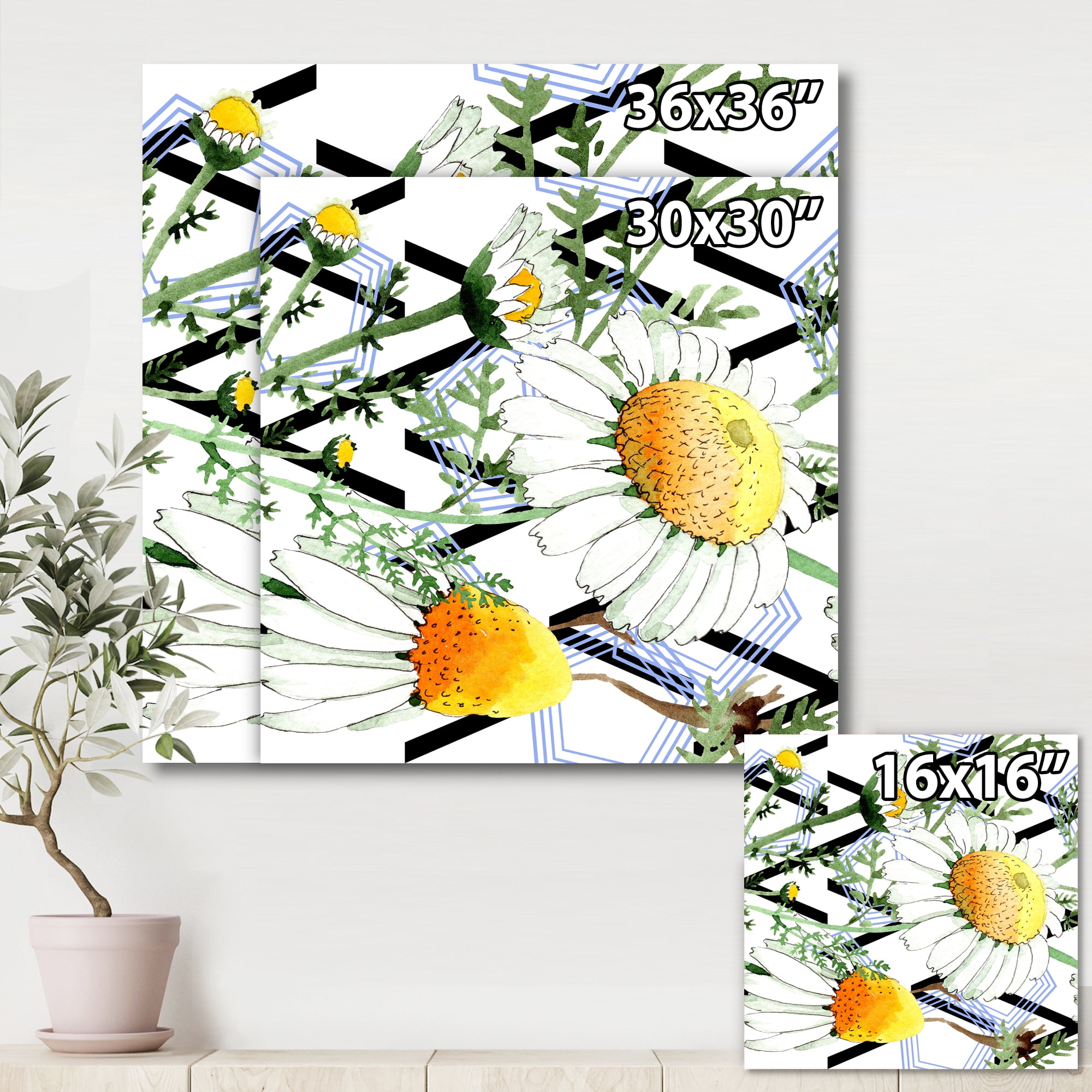 Wild Spring Chamomile Flowers On Geometric Lines 30 in x 30 in Painting Canvas Art Print, by Designart