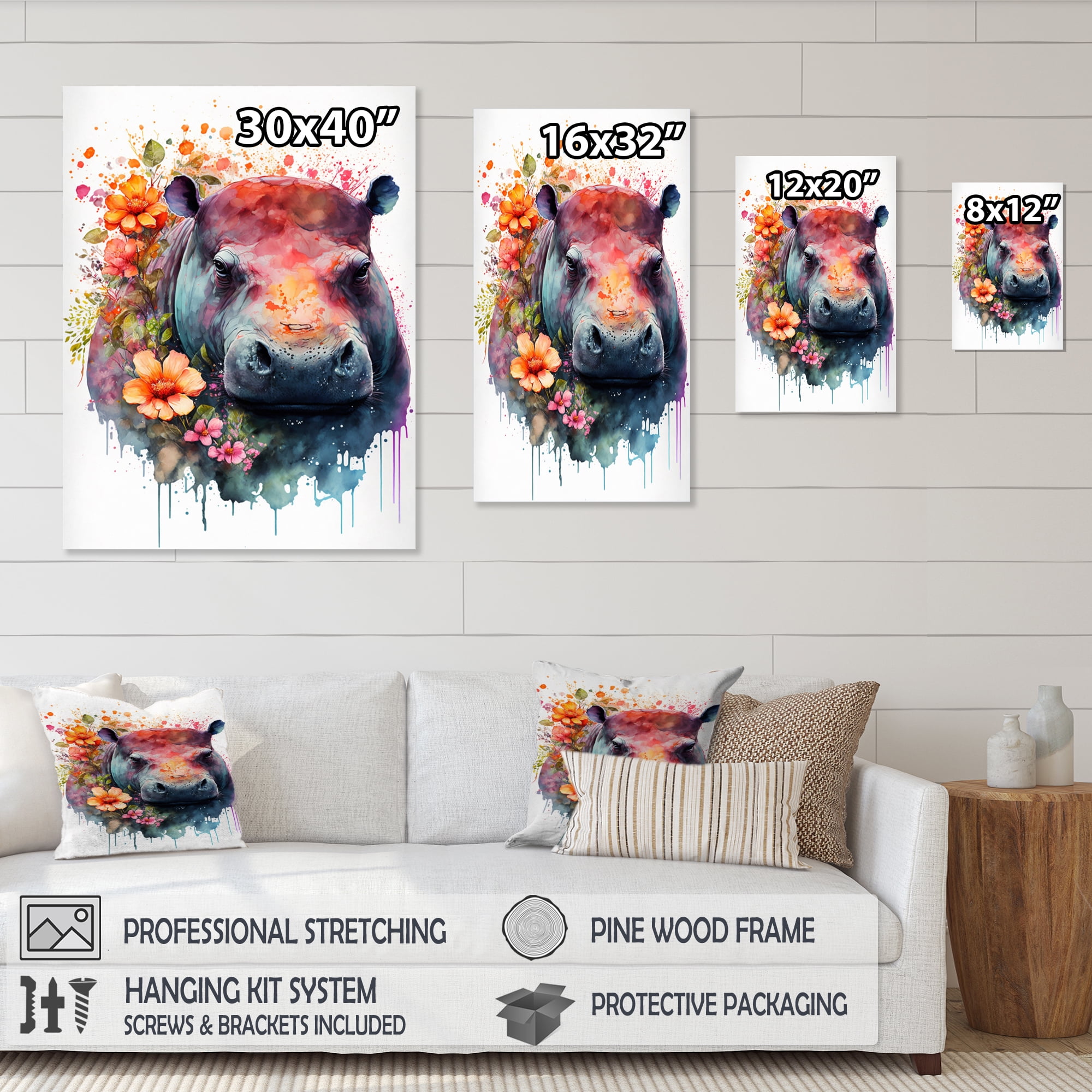 Designart Cute Hippo Floral Art Canvas Wall Art