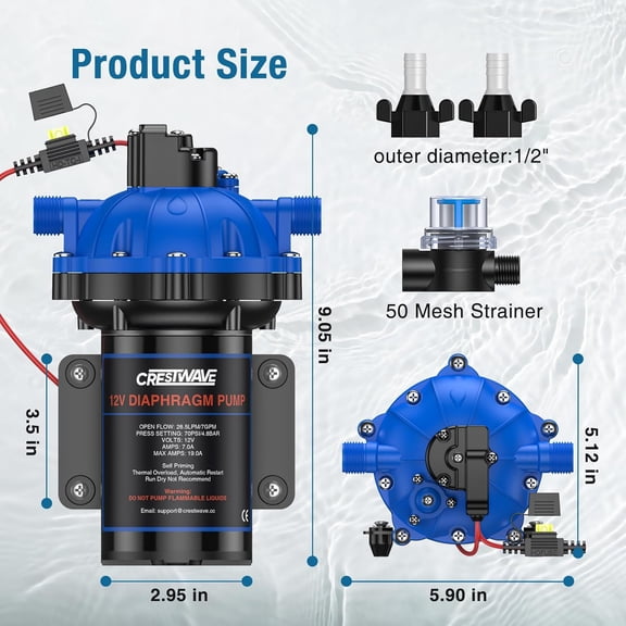 CrestWave 12V RV Water Pump, 7GPM 70PSI, 5-Chamber Diaphragm Pump with Overcurrent Protectors, Self-Priming Water Pressure Pump with Pressure Switch & Strainer for RV, Marine, Yacht,