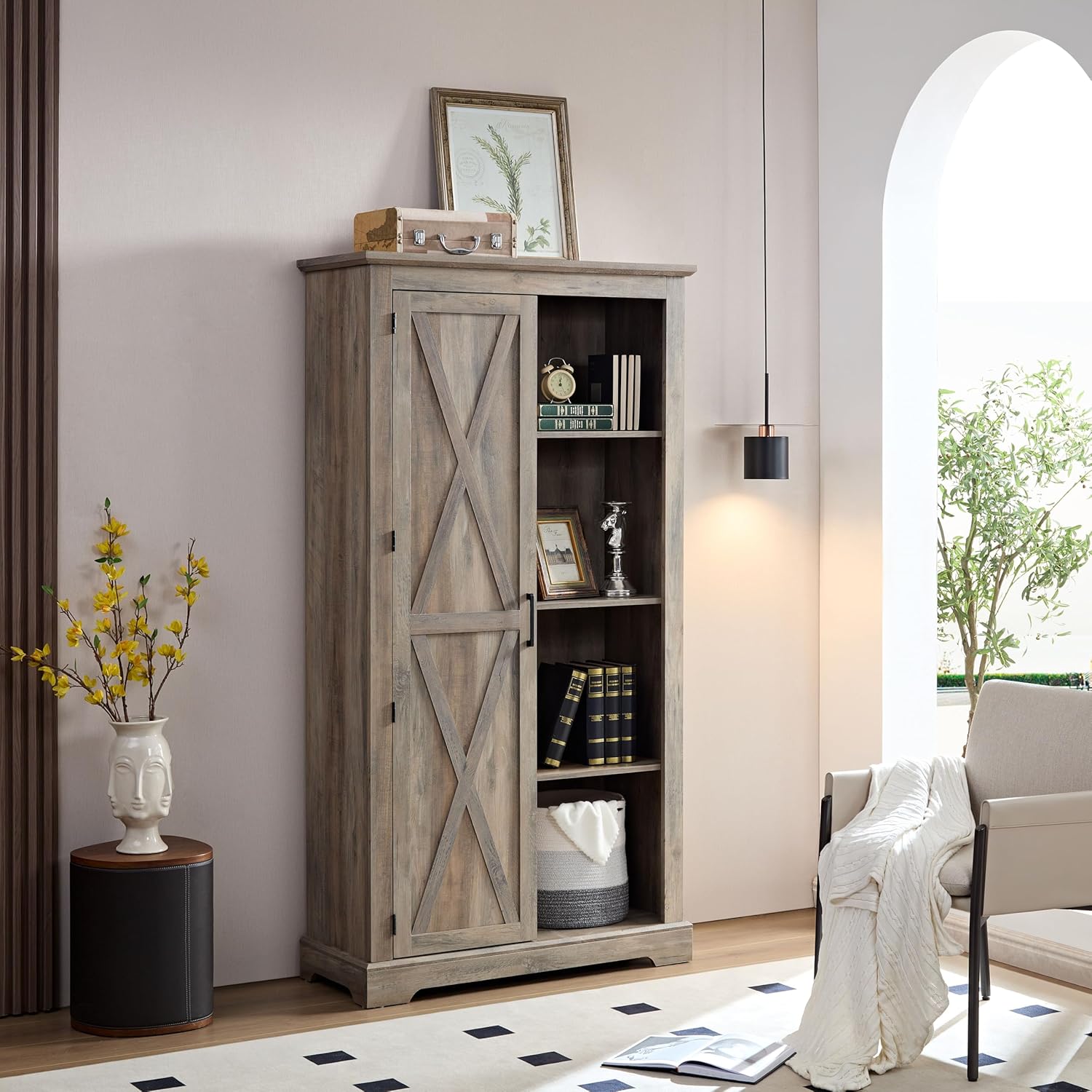Rustic Farmhouse Tall Storage Cabinet Bookcase with Sliding Barn Door, Adjustable Shelf, Pantry Cupboard Kitchen Organizer Furniture Home Drawer Shelves,Gray Wash