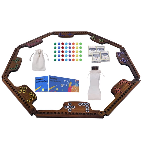 Marbles and Jokers Board Game Pegs and Jokers Real Solid Wood (Pine) Game Board Wooden for 2-8 Players 8 Game Boards 8 Colors 40 Marbles 4 Boxes Card(Vintage Flame)