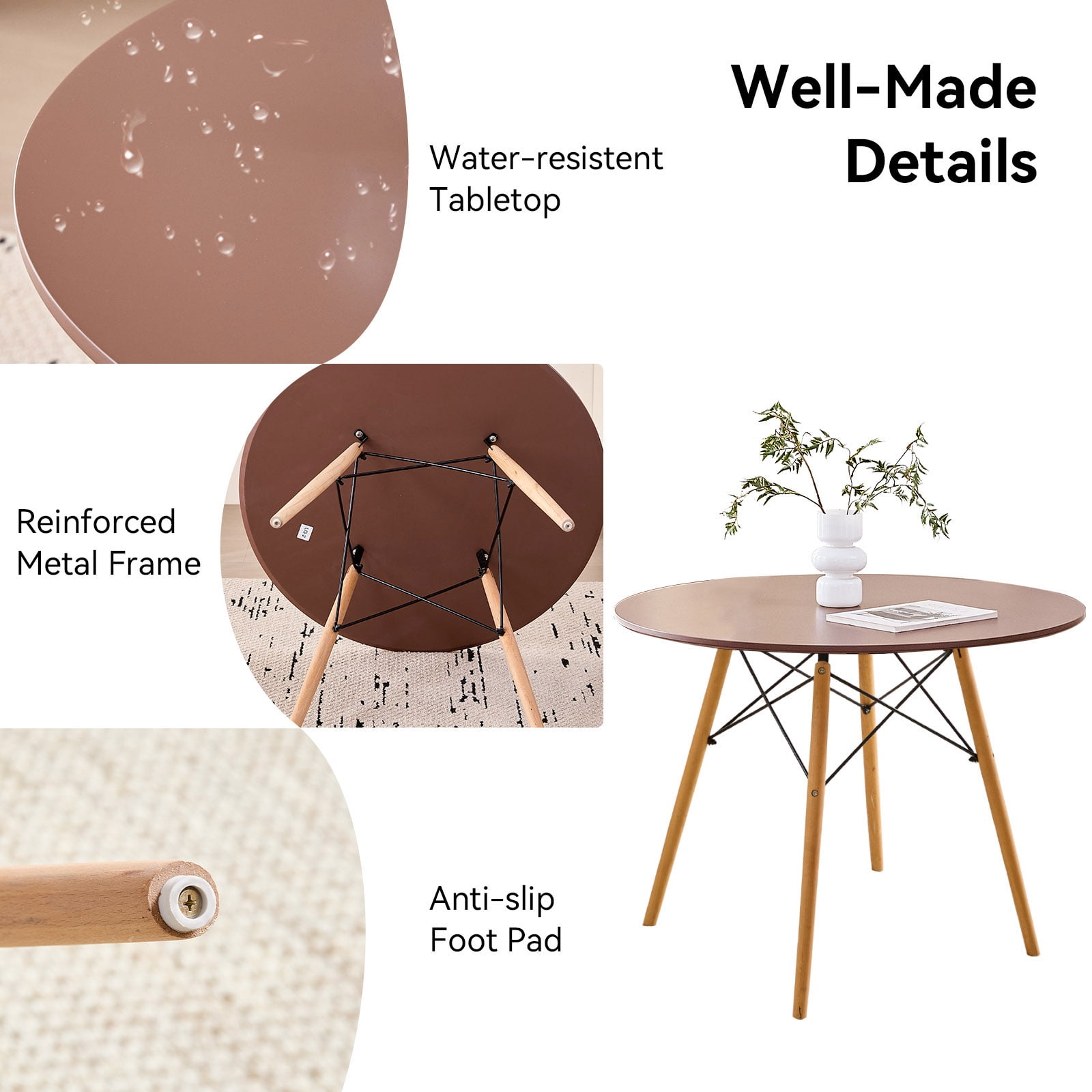 5 Piece 35.5'' Round Dining Table Set for 4, Kitchen Table & Chairs Set of 4, Mid-Century Modern Table W/ 4 Chairs for Home, Living Room, Apartment, Wood Legs, Metal Frame, Brown