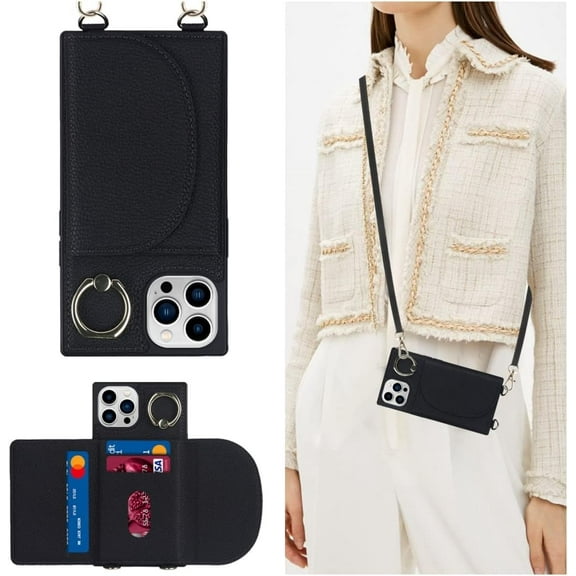 for iPhone 12/12 Pro Case with Card Holder for Women,Stand Ring Kickstand,Crossbody Lanyard,Credit Card Slots,Flip PU Leather Wallet Phone Casas(Black)