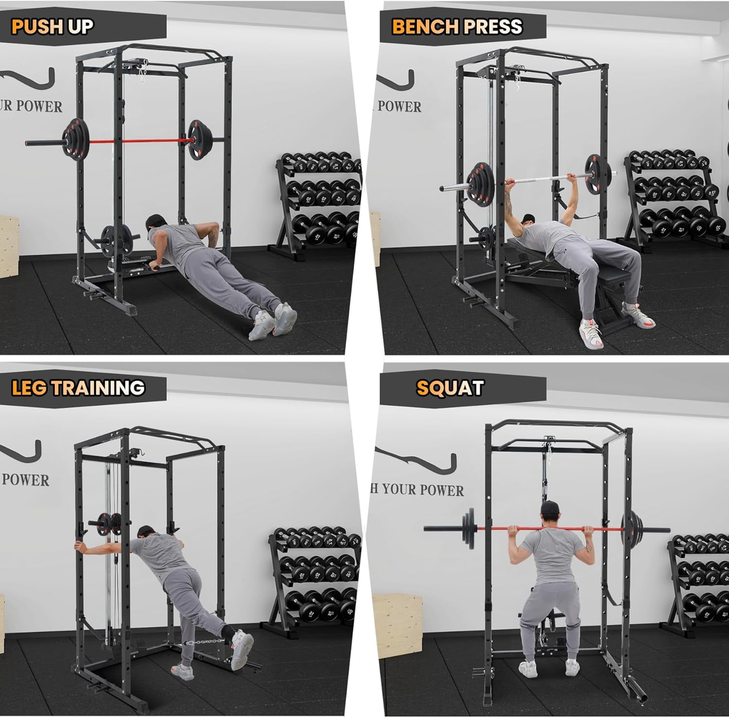 Hetoy 1600 Lbs Power Rack for Home Gym Squat Rack with Cable Pulley System & LAT Pull Down Workout Cage Strength Training Weight Cage with Dip Bar & J Hooks for Multiple Exercises,Black