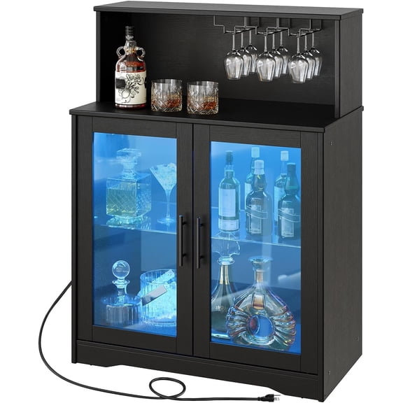 HOOBRO Wine Bar Cabinet with LED Light, Home Coffee Cabinet with Wine & Glass Rack, Freestanding Liquor Cabinet with Power Outlets, Kithchen Bar Cabinet for Living Room, Dining Room, Black BK78UDJG01