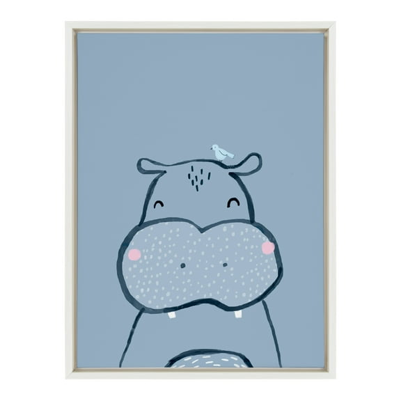 Kate and Laurel Sylvie Inky Hippo Framed Canvas Wall Art by Lauradidthis 18x24 White Adorable Animal Art for Wall