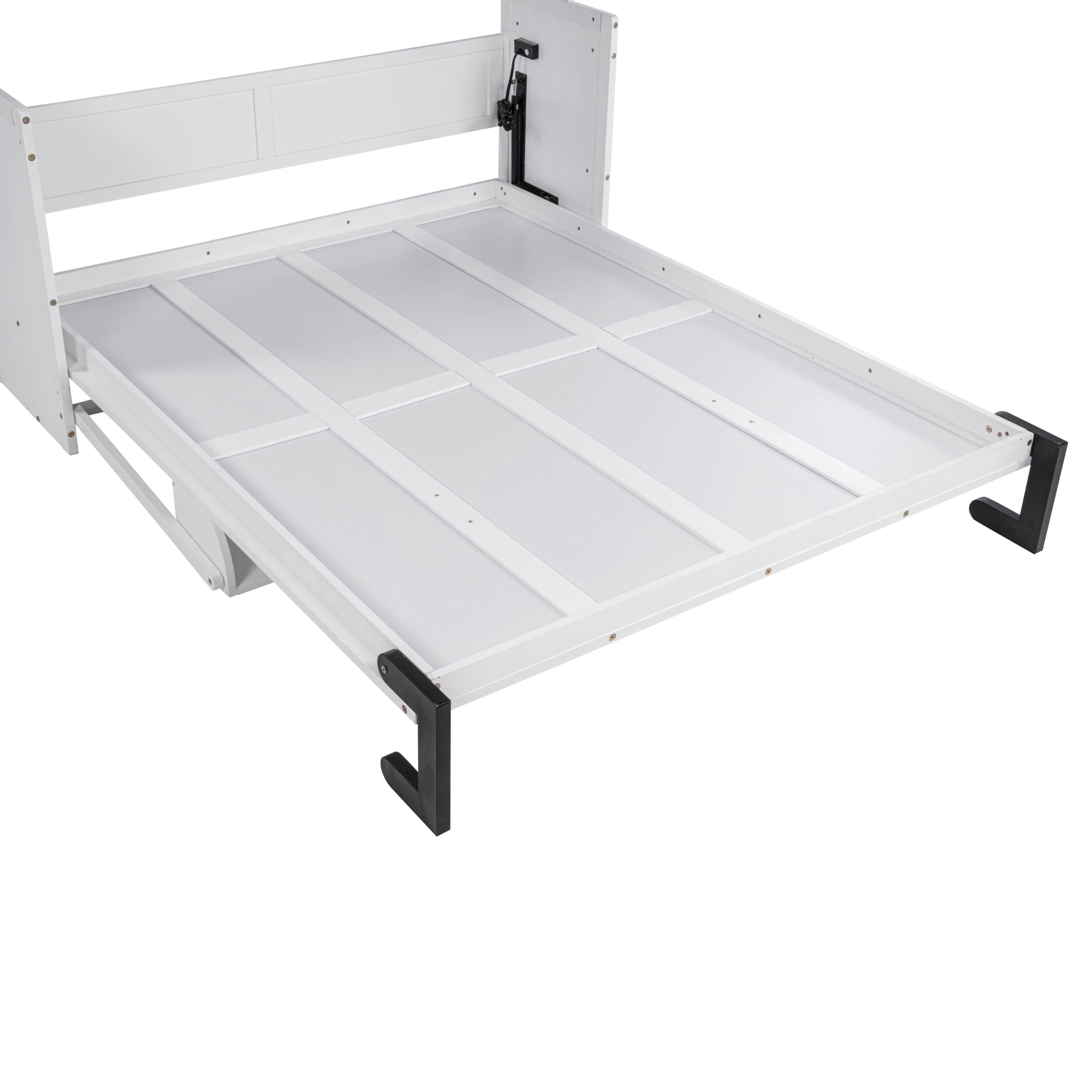 Noble House Illis Queen Size Murphy Wall Bed with Built-in Desk and Shelving, Sturdy Pine Wood Cabinet Bed, White