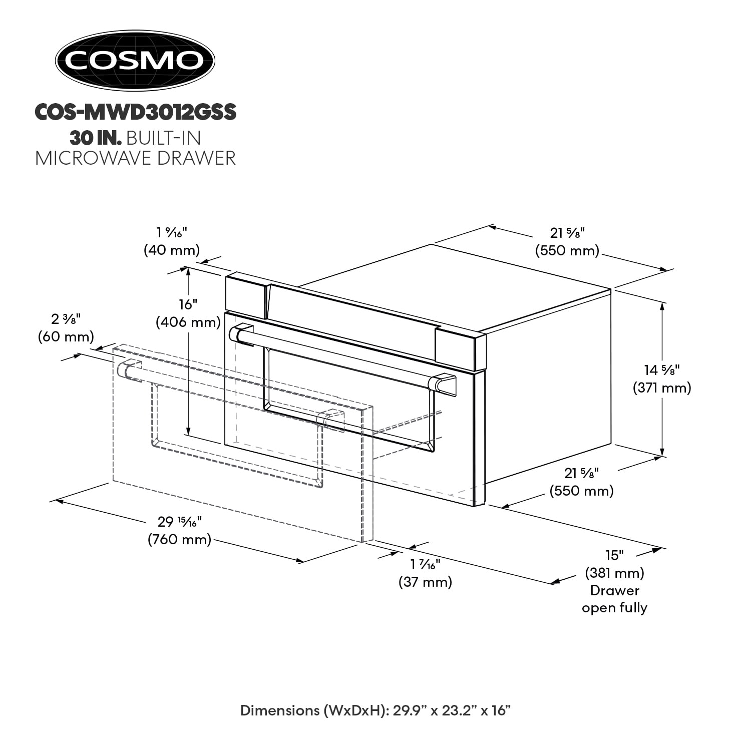 Cosmo 30 in. Haven Collection 1.2 cu. ft. Built-in Microwave Drawer, Touch Controls, Stainless Steel