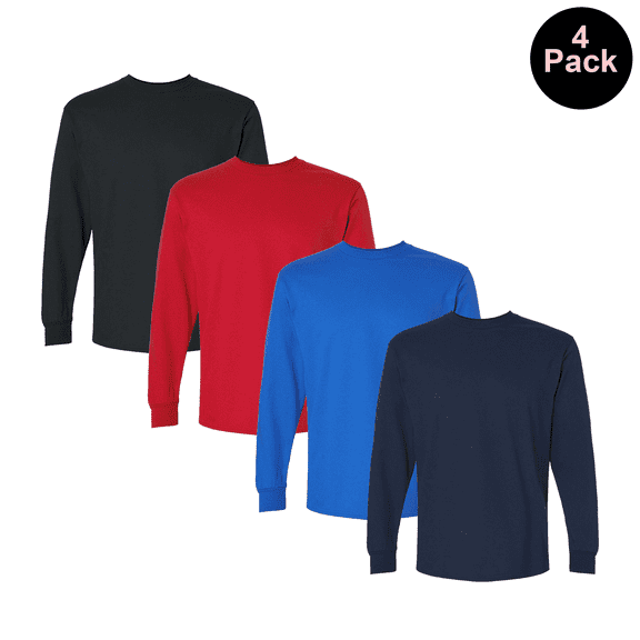 Gildan Ultra Cotton Long Sleeve T-Shirt 4-Pack Men's Crew Neck Durable Bulk Tee, Assorted Color S