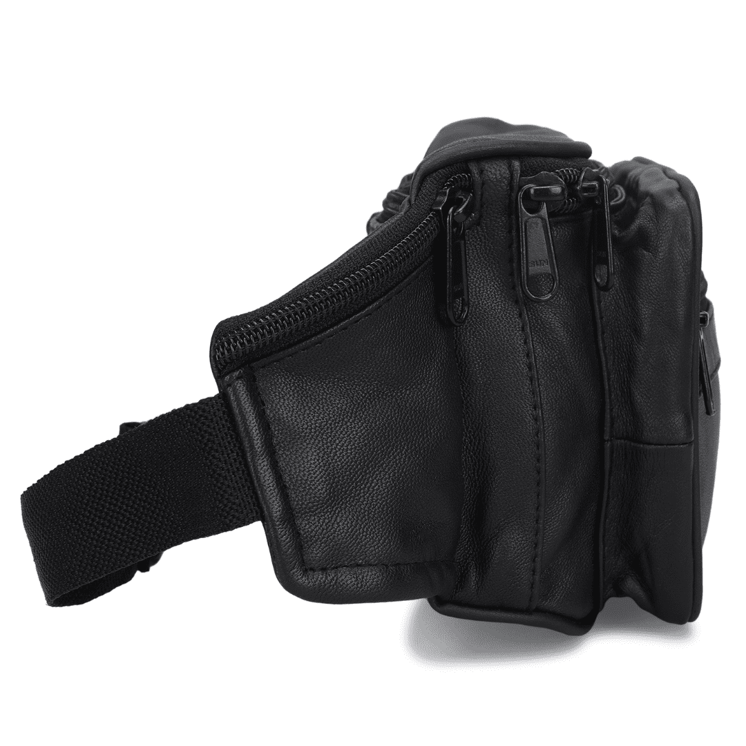 Leather Black Unisex Jumbo Fanny Pack with Side Zipper Pockets by Leatherboss
