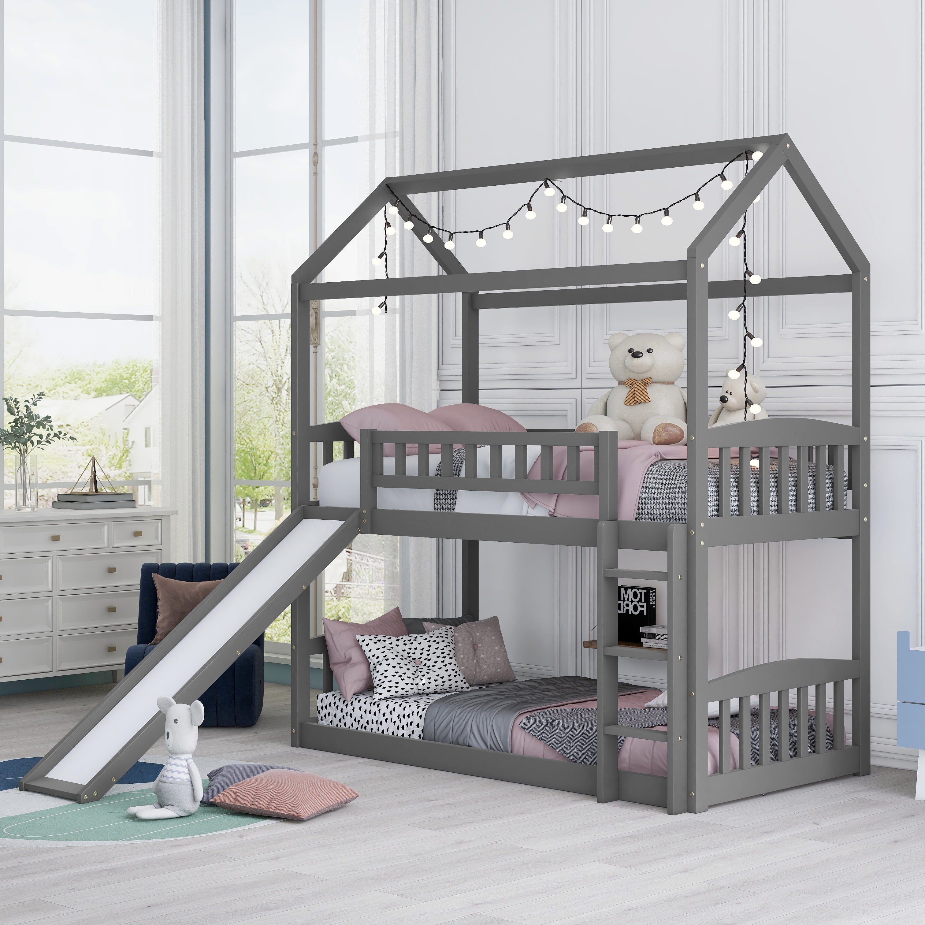 Bellemave Wood Twin Over Twin Bunk Bed with Slide and Ladder, Space