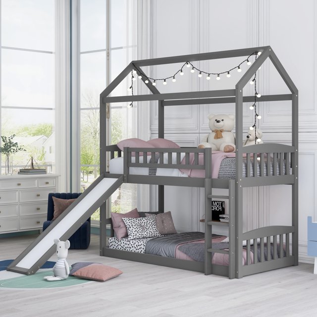 Bellemave Bunk Bed with Slide, Wood Twin Over Twin House Bed Frame with