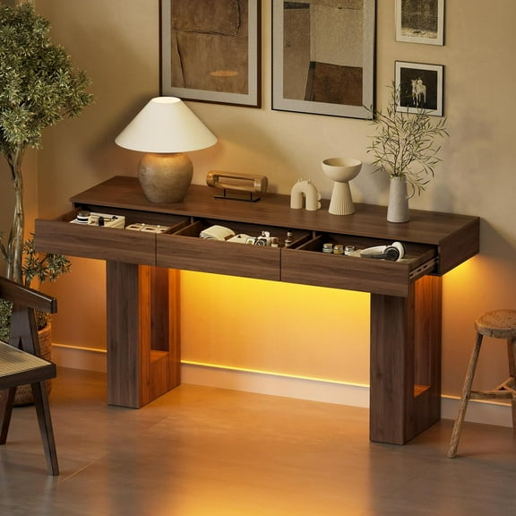 PAKASEPT 63-Inch Long Console Table with Colorful LED Lights and 3 Drawers, Wooden Rectangular Sofa Table Behind The Couch, Farmhouse Entryway Table for Entrance, Hallway, Living Room (Natural)