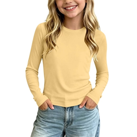 HAiming Girls Shirts Long Sleeve Comfy Slim School Undershirts Solid Color Casual Round Neck Workout Blouses Summer Vacation Kids Tops