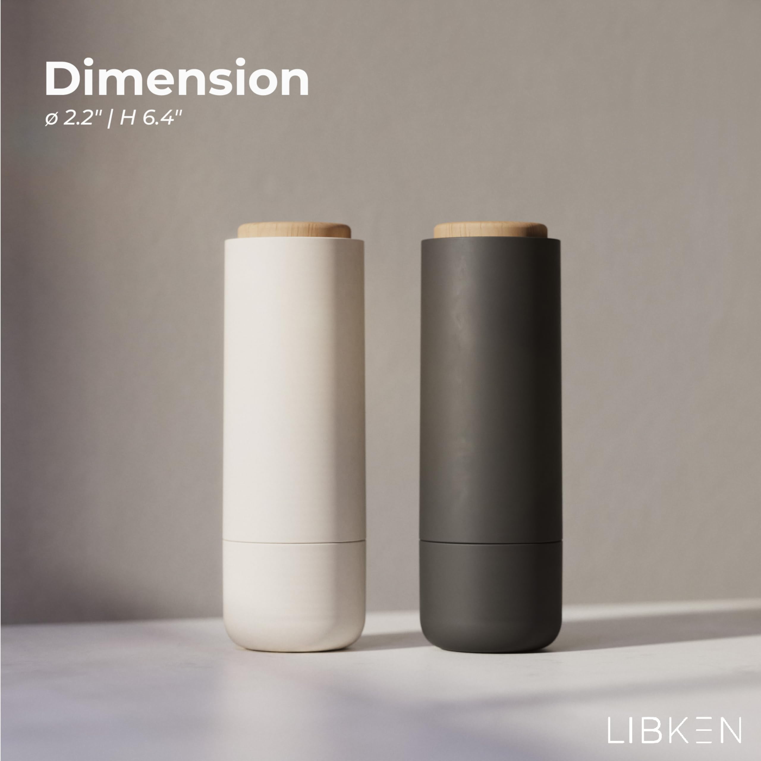 LIBKEN - Salt and Pepper Grinder Set - Adjustable Ceramic Grinder - Premium Spice Shaker - Condiments Dispenser - Easy to Refill - Wood and soft coated plastic - 6.2 x 2.2 inch (White and Grey)
