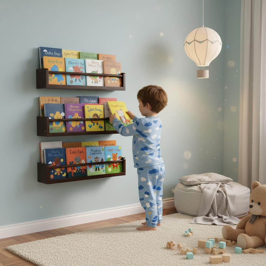 Deep Walnut Nursery Floating Shelves Set of 3– Wall Mounted Kids Bookshelf & Toy Organizer – 16 Inch Rustic Pine Hanging Display Book Shelves for Bedroom, Playroom, and Baby Decor