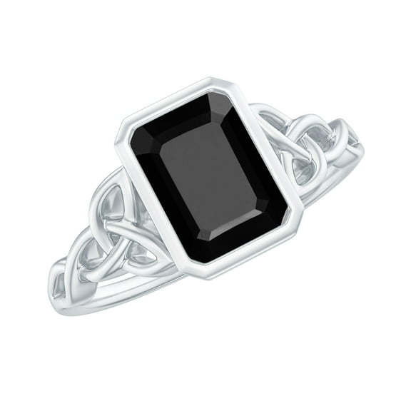 Rosec Jewels Created Black Diamond Solitaire Ring with Diamond, Celtic Knot Ring - 6X8 mm, 925 Sterling Silver, US 4.00