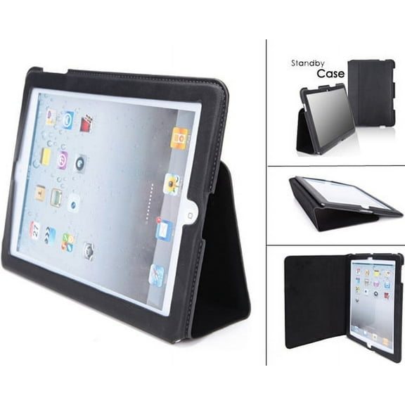Black PU Leather Slim Portfolio Case Protective Sleeve Cover Stand w Sleep Mode E8 for iPad 4