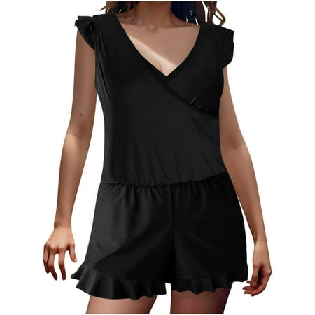 Ecqkame Outfits for Women Solid Color Loose Casual Built-In Bra Ruffled Shorts Jumpsuit Swimsuit Womens Outfits Black XL on Clearance