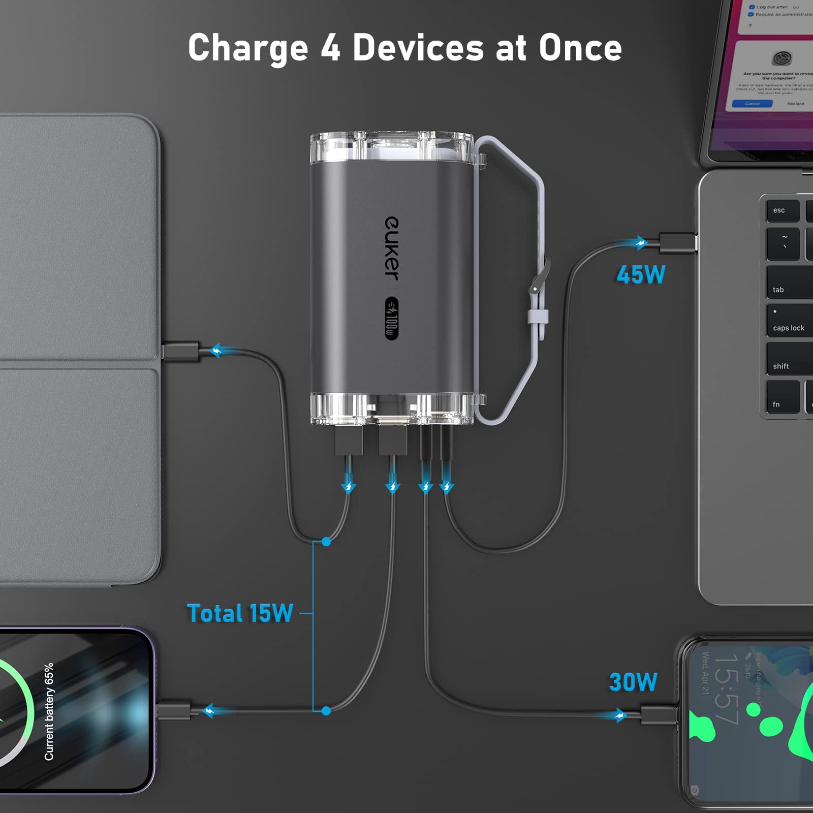 TROPOW 40000mA Power Bank 100W Laptop Portable Charger 4 Ports, with LED Lights and See-Through IPS Screen, Power Station Battery Pack for iPhone 14/13 Series, Samsung, MacBook, Dell, ipad,etc
