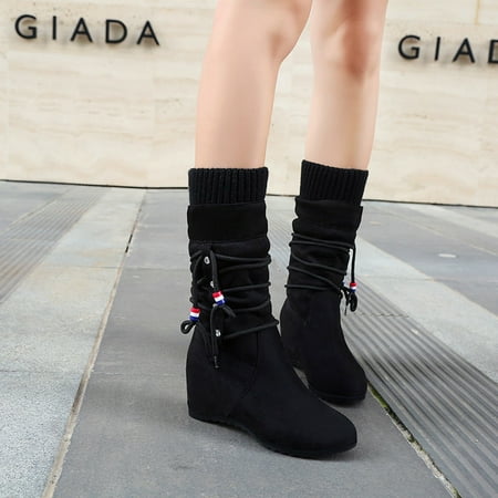 

Hvyes Valentine s Day Deals Women s Suede Mid-Boots With Inner Raised Round Head Ethnic Style Wool Barrel Cowgirl Cowboy Boots