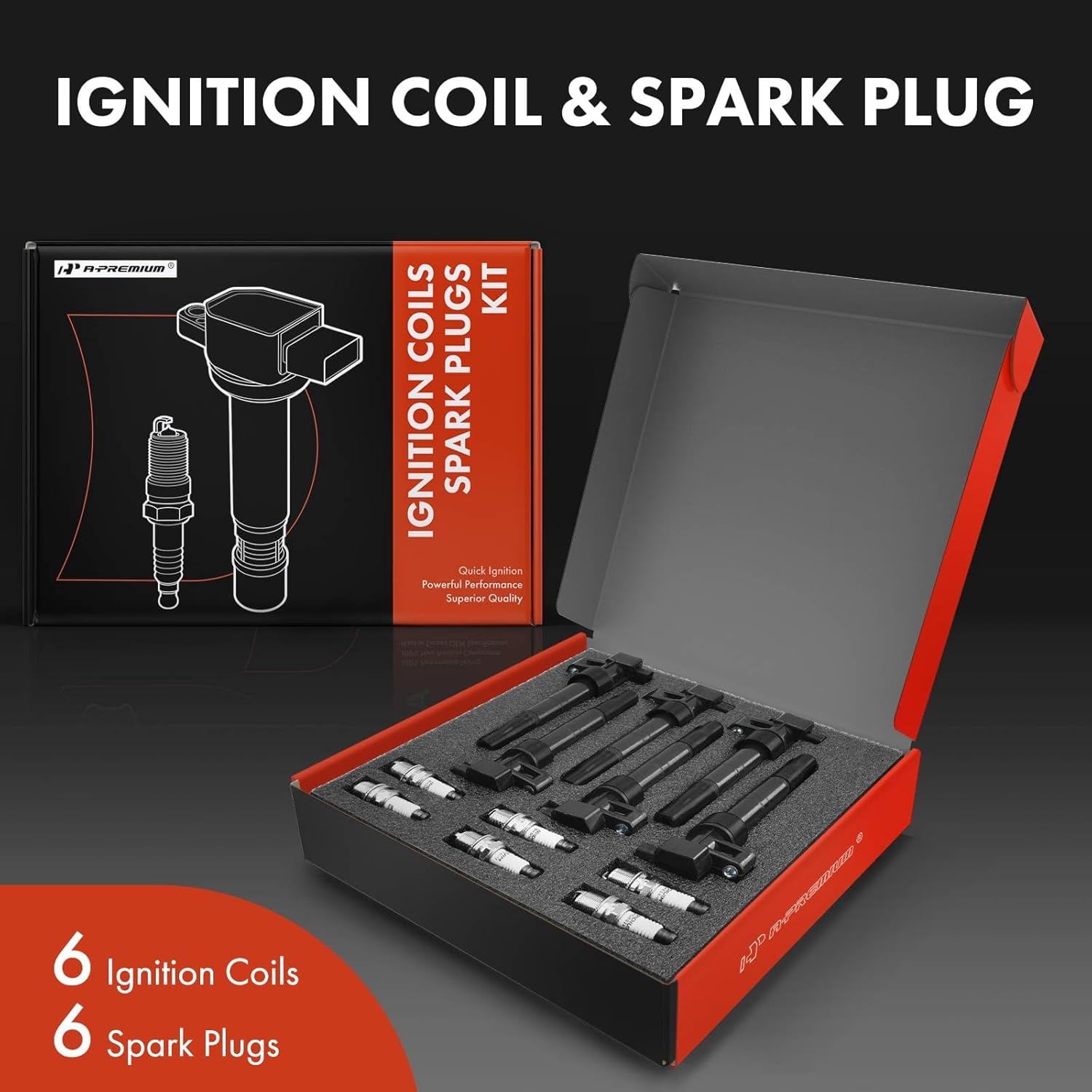 A-Premium Set of 6 (Black) Ignition Coil Pack and Iridium Spark Plugs Compatible with Hyundai Sonata 2006-2010, Santa Fe 2007-2009 & Kia Optima 2006-2008